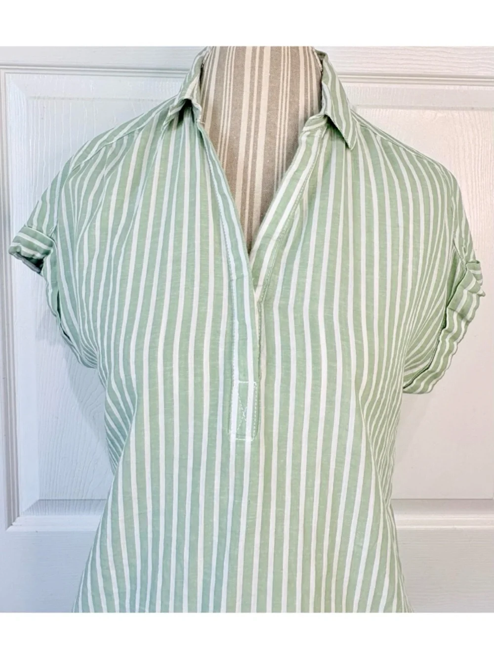 Lola River Anthropologie Green Striped Linen Blend Coastal Beach Resort Top~SM - Picture 3 of 6